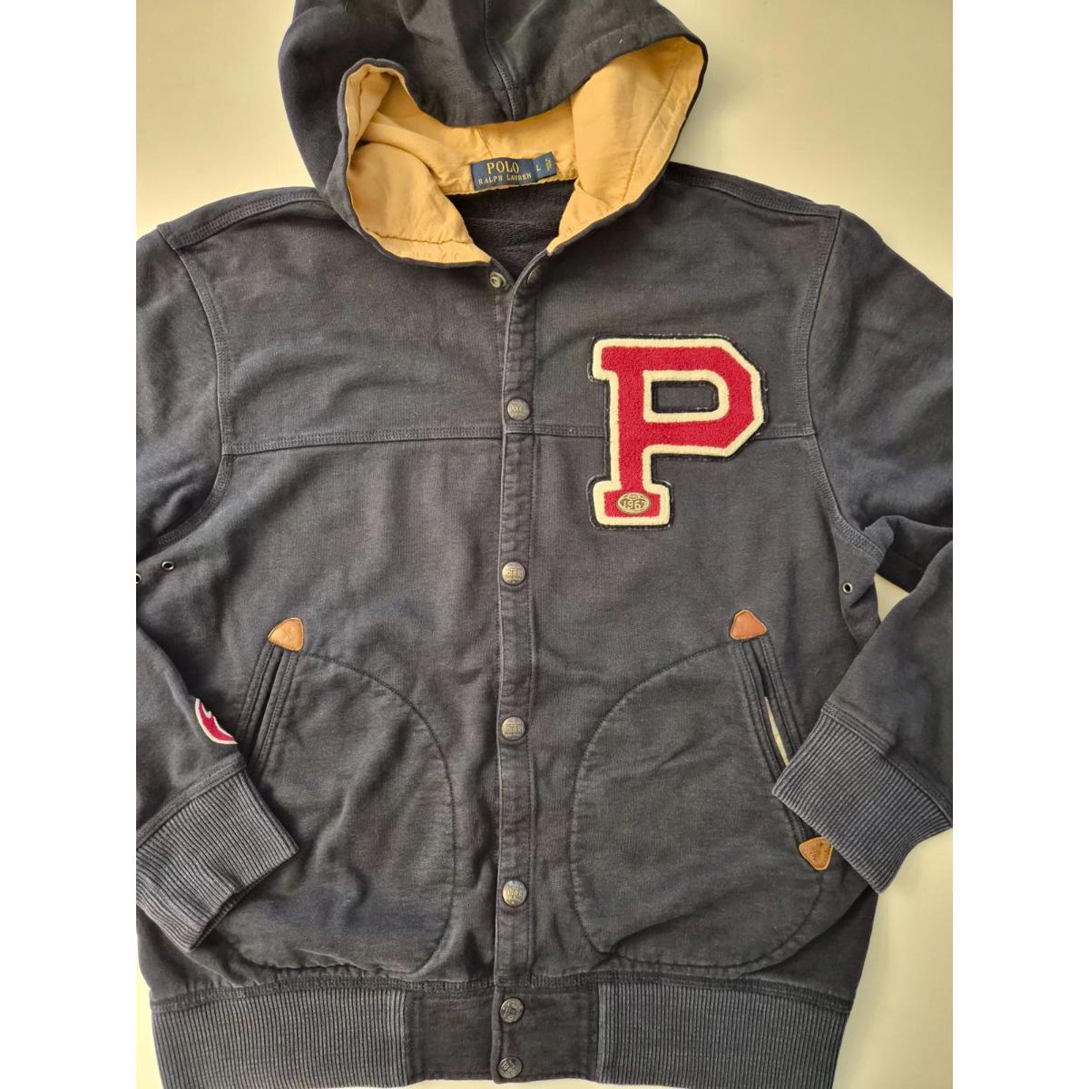 Polo Ralph Lauren Hoodie Jacket Mens L Navy Blue Varsity Letterman P Patch